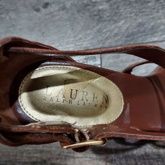 Lauren Ralph Lauren Leather Strappy Sandles Cloth Heel - Picture 6 of 12